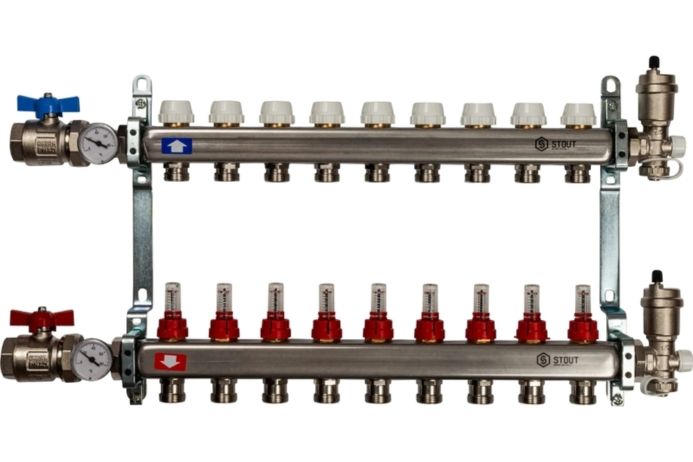 Коллекторная группа для отопления. Stout коллектор 3 вых. С расходомерами, нерж. SMS 0917 000003. Группа Коллекторная Stout с расходомерами SMS 0917. Коллекторный блок с расходомерами 8 выходов,480 мм 1/3/4 TLM С тройником. Коллекторная группа Stout (SMS 0917 000010) 1" ВР, 10 отводов 3/4", расходомер.