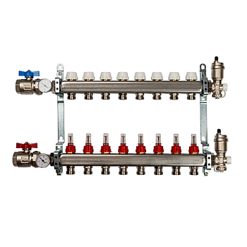 Коллекторная группа со вст. расх. 1"х8 вых. НЕРЖ., краны + узел коллекторн. концевой  VIEIR (5шт)