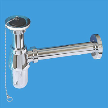 Сифон бутылочный лат. 11/4*32мм с вып., пробкой, цеп., отвод. трубой D=32мм и розет., выход 32мм