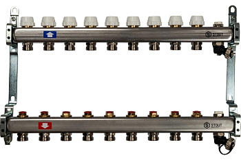 Коллекторная группа из нержавеющей стали без расходомеров, клапаном вып. воздуха и слив 9 вых. STOUT