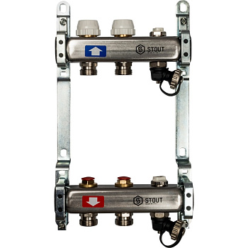 Коллекторная группа из нержавеющей стали без расходомеров, клапаном вып. воздуха и слив 2 вых. STOUT