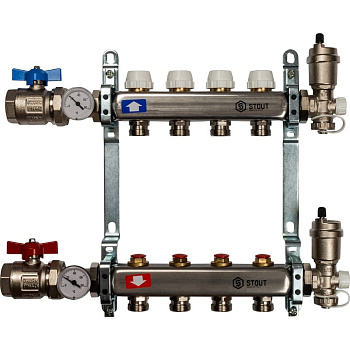 Коллекторная группа из нержавеющей стали в сборе без расходомеров 4 вых. STOUT