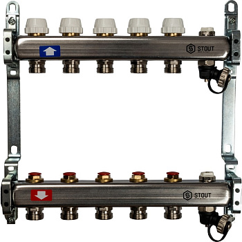 Коллекторная группа из нержавеющей стали без расходомеров, клапаном вып. воздуха и слив 5 вых. STOUT