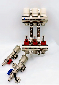 Коллекторный блок с расходомер.TIM 1"х3/4"х3" вых(латунь, воздухоотв.) КС003