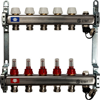 Коллекторная группа из нержавеющей стали с расходомерами, клапаном вып. воздуха и сливом 5 вых.STOUT