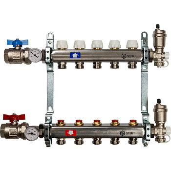 Коллекторная группа из нержавеющей стали в сборе без расходомеров 5 вых. STOUT