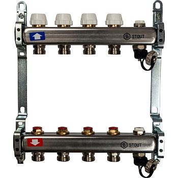 Коллекторная группа из нержавеющей стали без расходомеров, клапаном вып. воздуха и слив 4 вых. STOUT