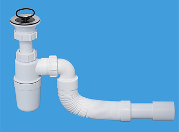 Сифон бутыл. 11/2*32мм с вып., (70мм нерж реш) пробкой, отвод под 90. Дн=40/50 мм