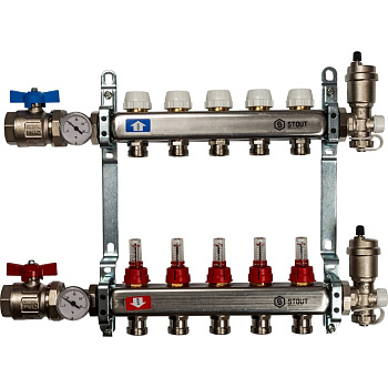 Коллекторная группа из нержавеющей стали в сборе с расходомерами 5 вых. STOUT
