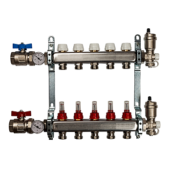 Коллекторная группа со вст. расх. 1"х5 вых. НЕРЖ., краны + узел коллекторн. концевой  VIEIR