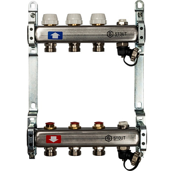 Коллекторная группа из нержавеющей стали без расходомеров, клапаном вып. воздуха и слив 3 вых. STOUT