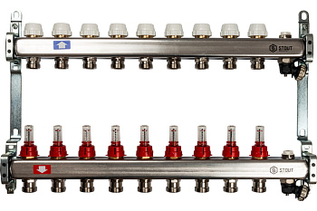 Коллекторная группа из нержавеющей стали с расходомерами, клапаном вып. воздуха и сливом 9 вых.STOUT