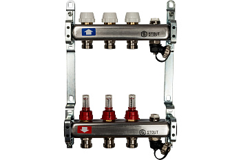 Коллекторная группа из нержавеющей стали с расходомерами, клапаном вып. воздуха и сливом 3вых. STOUT