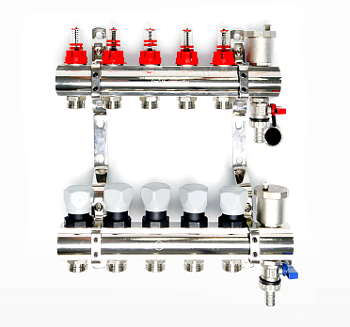 Коллекторный блок с расходомер.Thermofix  латунь,  воздухооттв. 1"*3/4"*5 вых