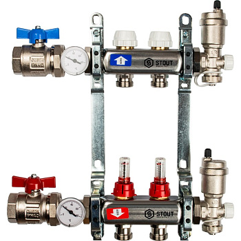 Коллекторная группа из нержавеющей стали в сборе с расходомерами 2 вых. STOUT