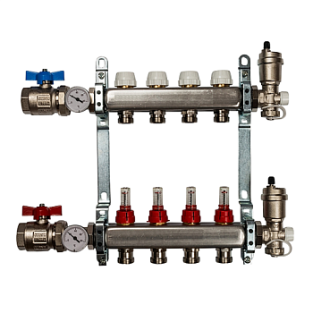 Коллекторная группа со вст. расх. 1"х4 вых. НЕРЖ., краны + узел коллекторн. концевой  VIEIR