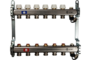 Коллекторная группа из нержавеющей стали без расходомеров, клапаном вып. воздуха и слив 6вых.STOUT
